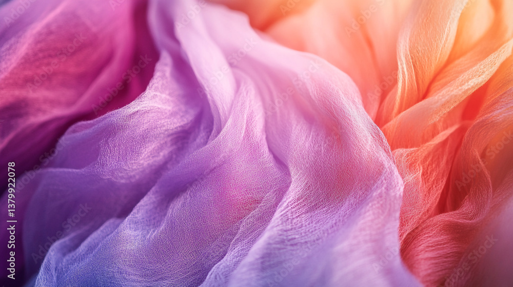 Poster close up of flowing fabric with a gradient of pink purple and orange color scheme creating soft fold