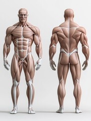 Detailed anatomical illustration of muscular male figure showcasing muscle structure and map on a clean medical background with front and back views