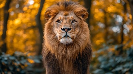 Fototapeta premium Majestic lion portrait. Intense gaze, thick mane, set against an autumnal forest