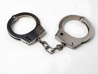 Obraz premium Silver handcuffs connected by a short chain, isolated on a clean white background.