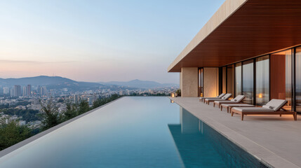 Fototapeta premium Luxurious infinity pool overlooking stunning cityscape at sunset, creating serene atmosphere