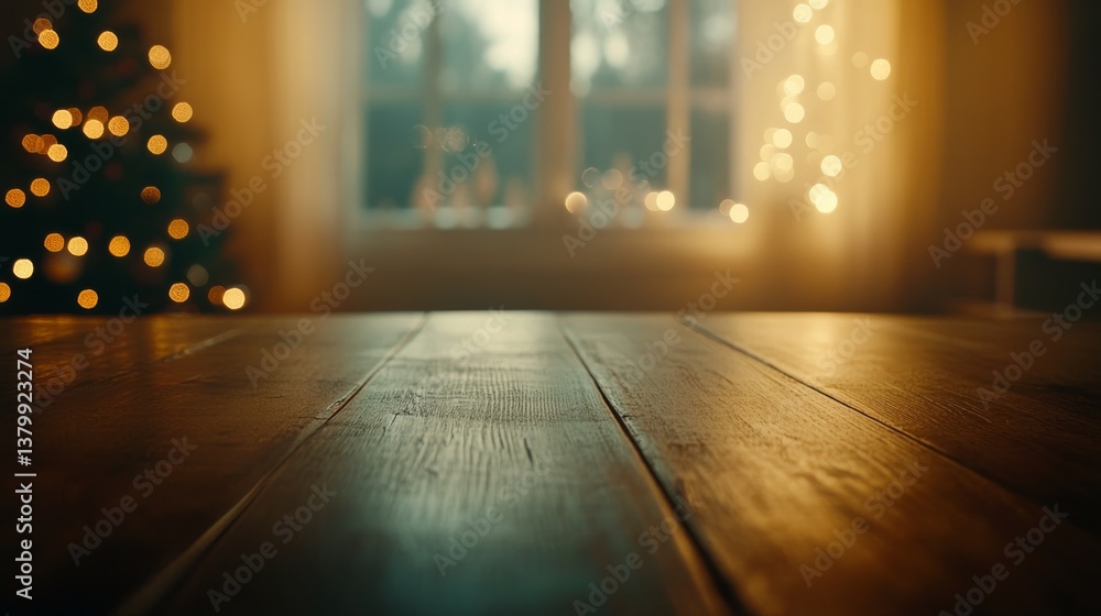 Poster wooden tabletop is set against a softly blurred background of holiday lights and a frosted window, c