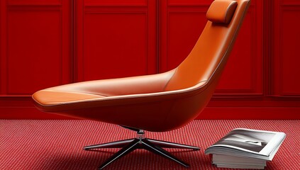 Relaxing orange leather armchair with a headrest sits on a red carpet against a red wall