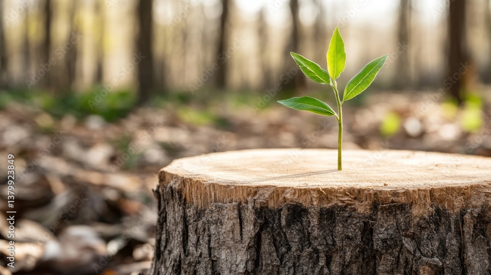 Poster a young green sapling rises from the center of a weathered tree stump, surrounded by a blurred fores