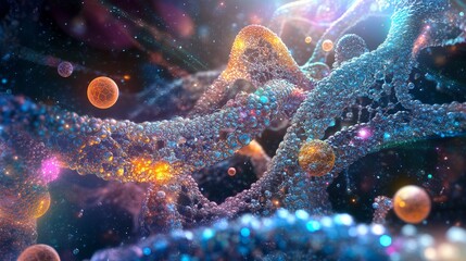 Abstract dna structure with glowing spheres and cosmic background in vibrant colors and intricate details