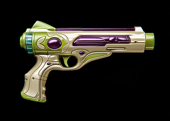Vintage toy laser gun, silver and green with purple accents