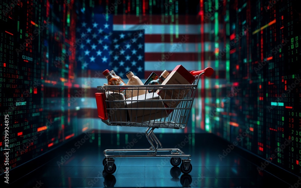 Aufkleber a shopping cart filled with goods sits against an american flag backdrop. the scene is set in a digi