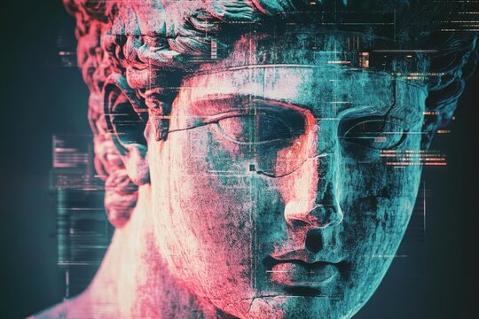 Classical marble statue overlaid with digital glitch effects symbolizing fusion of ancient art and modern technology. Copy space