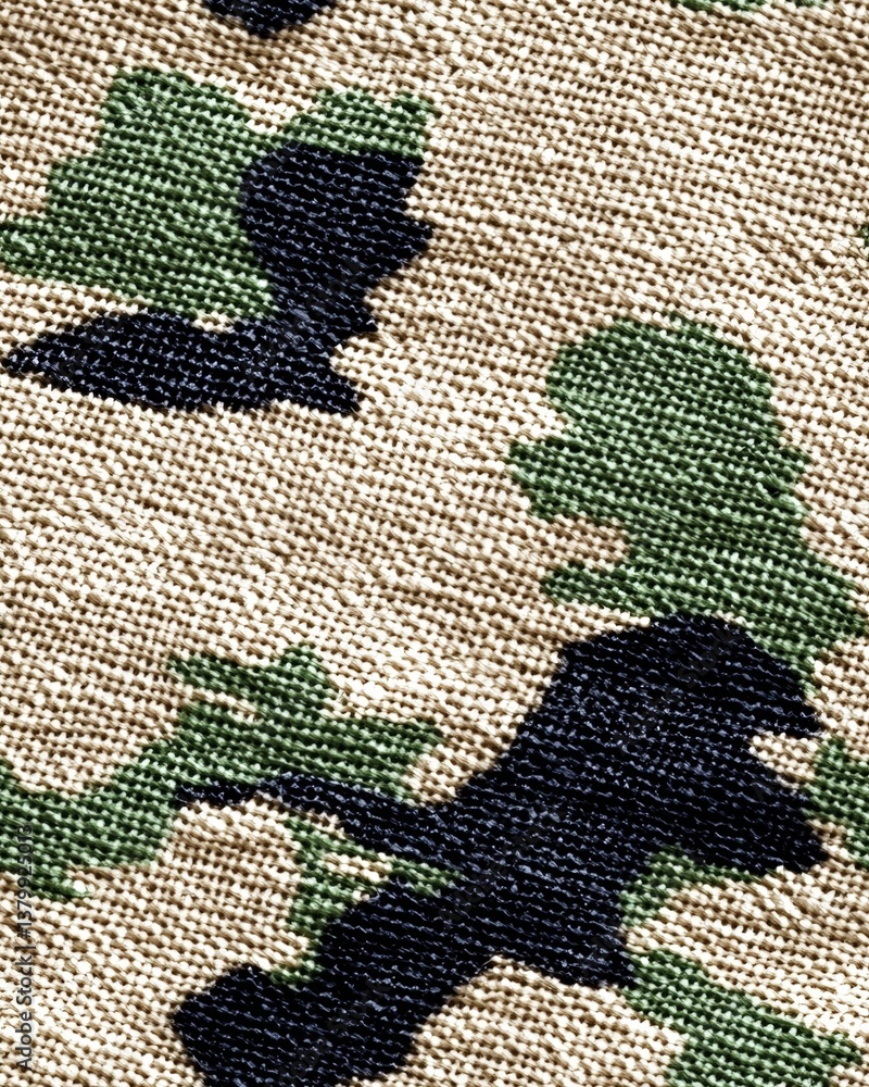 Poster close-up view of camouflage fabric featuring intricate patterns and textures in earthy color palette