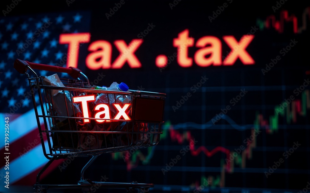 Aufkleber The image shows a shopping cart in front of a digital display. The cart is filled with stuff, likely representing spending. The background features stock charts with a display that represents somethin