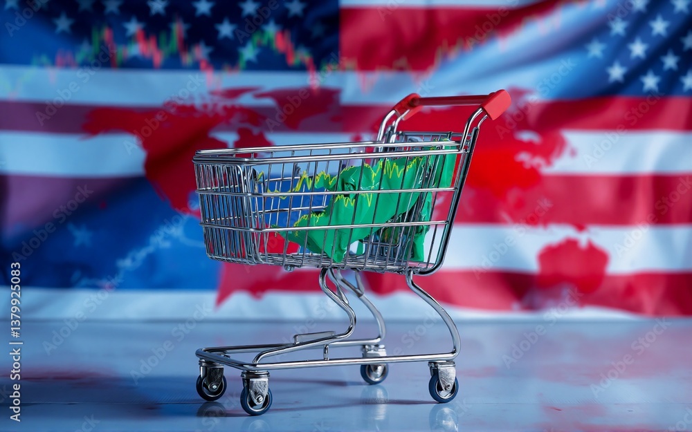 Aufkleber An image shows a shopping cart with a US flag background and a graph hint of the economy. Focus on consumption, economics and finances.