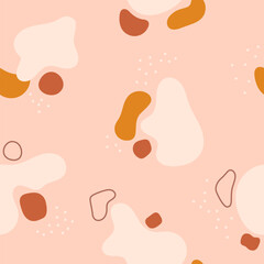 Kid's seamless pattern drawn in soft bohemian colors consisting of colored spots, dots and lines of different shapes and sizes.
