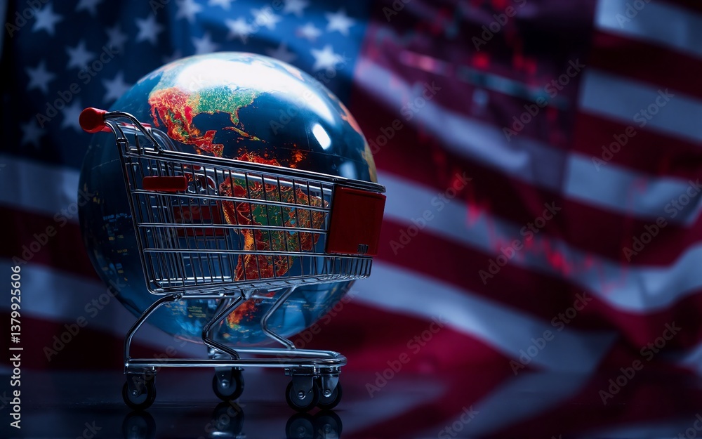 Poster a globe sits inside a shopping cart with an american flag backdrop, implying global commerce. the fl