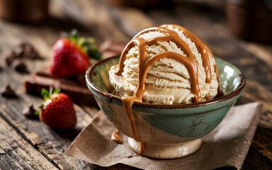 Vanilla Ice Cream With Caramel Topping And Strawberries On A Rustic Wooden Table