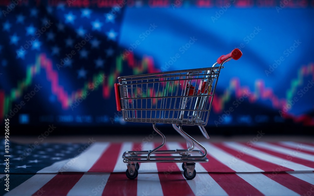 Poster a shopping cart sits on a surface with a flag behind it. the background has a stock chart, possibly 
