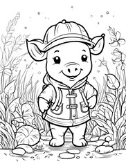 Line drawing illustration,Colouring page for kids, hand drawn illustration of a cartoon, pre-school Colouring page, animal Colouring page, flower Colouring page, adult Colouring page, printables	
