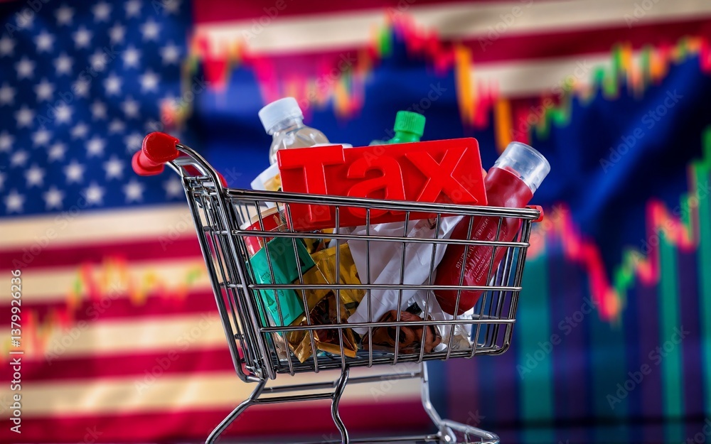Poster a shopping cart laden with items sits before the american flag and an economic graph. it symbolizes 