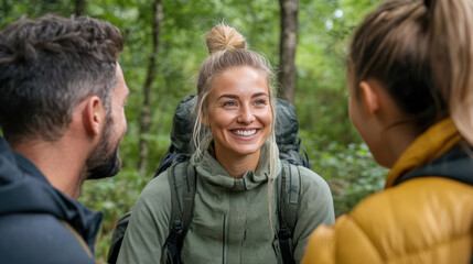 Fototapeta premium Smiling woman engaging with friends in forest during outdoor adventure