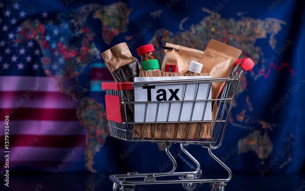 Poster a shopping cart symbolizes economic aspects, filled with products. the backdrop features a map and f