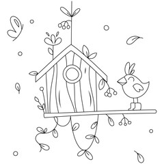 Simple coloring for kids. A bird with feathers on its head in boots stands near its nest, a birdhouse, a butterfly flies, spring blossoms