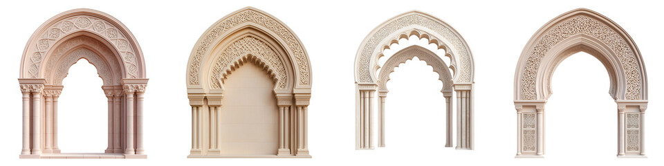Obraz premium A collection of elaborately decorated architectural arches featuring intricate Islamic inspired motifs ornamental carvings and symmetrical patterns typical of Moresque and Oriental design styles