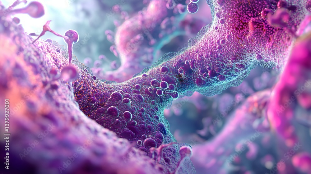 Poster microscopic view of cells with purple and blue hues showing cellular structure and small bubbles