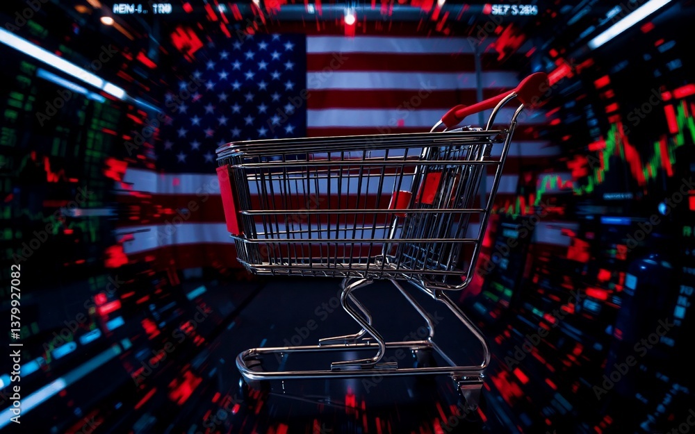 Poster a shopping cart is positioned in front of the american flag. the backdrop features stock market data