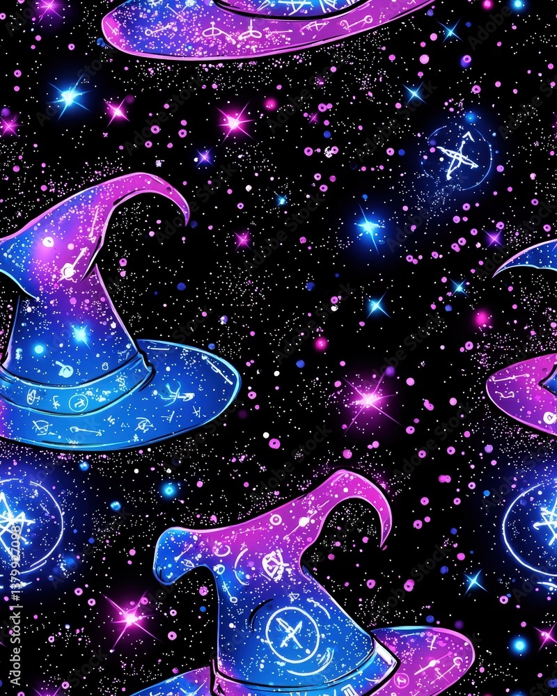 Poster fun pattern featuring wizard hats in a colorful design ideal for fantasy-themed events and decor