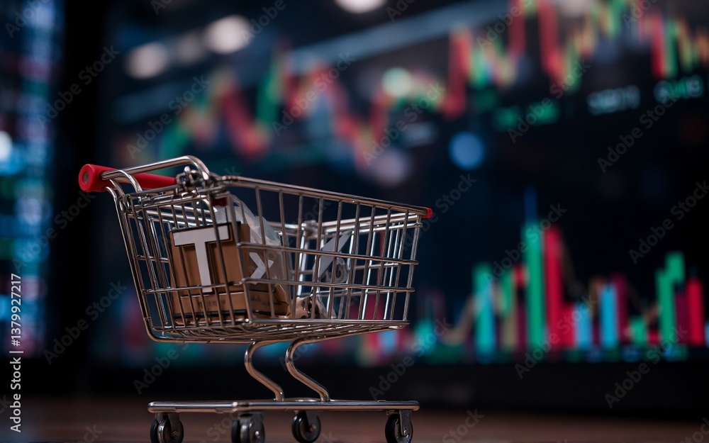 Poster Image depicts a small shopping cart filled with packages in front of a financial data display screen with trading graph. The cart appears at the foreground.