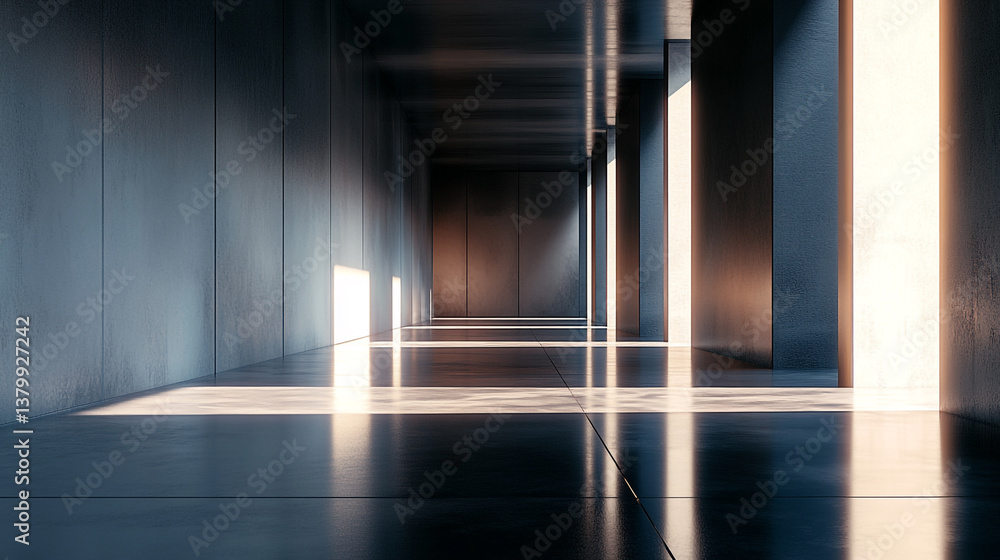 Poster a long hallway with light shining through openings in the walls and reflecting on the floor space