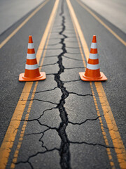 Cracked Road Surface with Safety Cones Indicating Road Hazard in Urban Area
