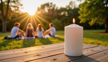 Group of friends enjoying sunset with candle on picnic table  