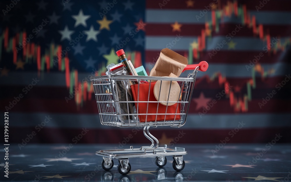 Poster a miniature shopping cart filled with various items sits against the backdrop of an american flag an