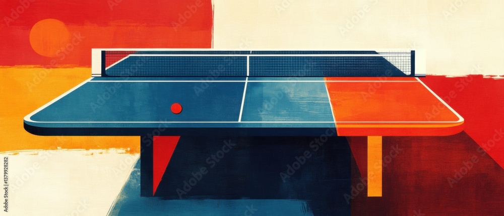 Poster minimalist table tennis composition with bold colors and simplistic design, featuring a paddle, ball