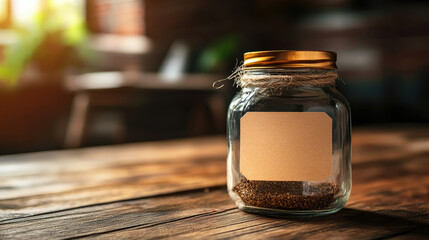 Glass jar with gold lid, twine accent and blank label on rustic wooden table, natural lighting and cozy kitchen interior, perfect for homemade spices, herbs or dry food storage and labeling