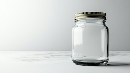 Empty transparent glass jar with golden lid on white background, clean minimalist product mockup for branding, packaging, food storage or label design presentation. Banner. Copy space.