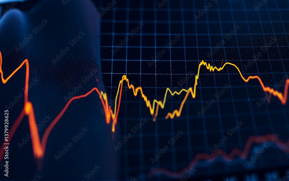 Fototapete Visual representation of fluctuating market data with a grid background. Observe the rise and fall of financial lines, possibly depicting volatile economic trends.