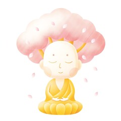  A serene cartoon monk meditating under a pink tree, surrounded by falling petals, symbolizing tranquility and mindfulness. isolated on white background