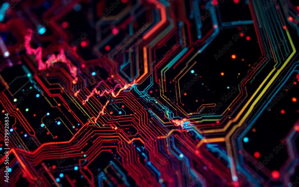 Poster a close-up shot hints at technology, illuminated circuits, glowing with vibrant colors, and a dark b