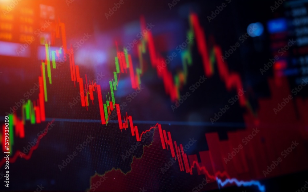 Aufkleber This image presents a graph displaying fluctuating financial data, possibly depicting market trends. Red and green lines weave across the dark background, showing rises and falls. The graph is lit wit