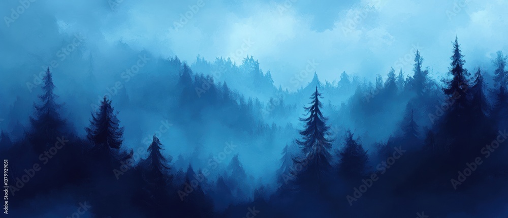 Poster mystical blue forest landscape with mist and pine trees under a cloudy sky capturing a serene atmosp