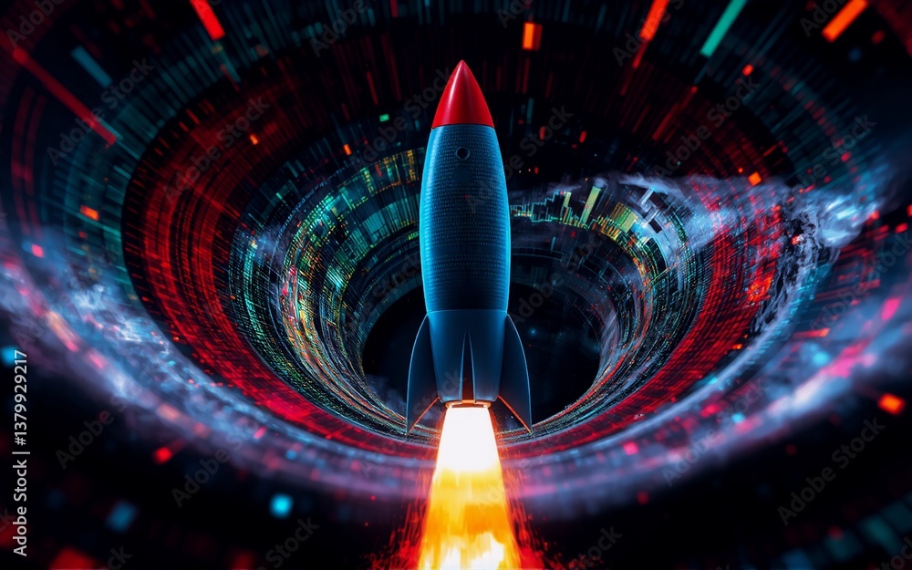 Poster Here's a description and related keywords for the image:

A rocket takes off, surrounded by a dynamic, colorful vortex. Its fiery launch contrasts with a background of swirling light and abstract shap