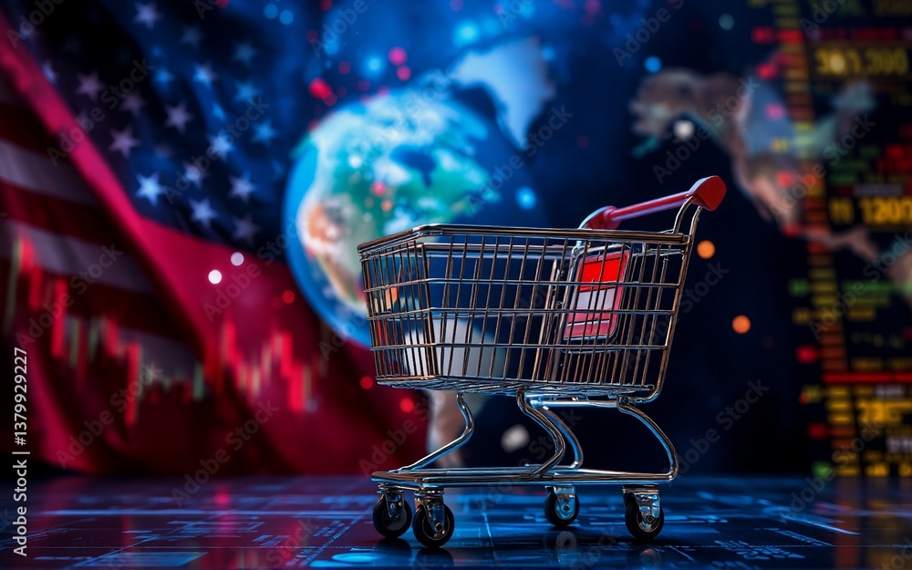 Poster **image description:** a shopping cart symbolizes global commerce. an american flag drapes near a wo