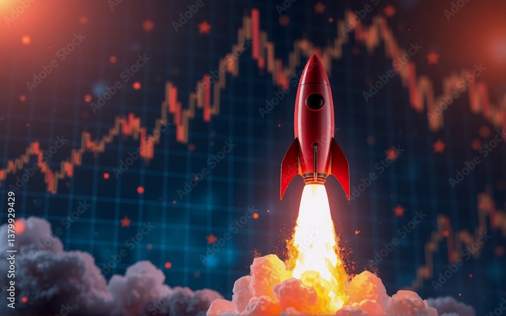 Aufkleber A red rocket blasts off with a backdrop of fluctuating stock market trends. Hints of success and market volatility are visible, symbolizing progress and potential risks. The image conveys growth and f