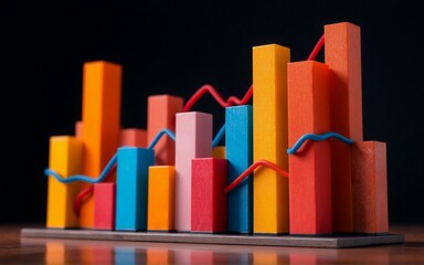 A colorful, three-dimensional bar graph with red and blue lines displays data over time. The graph is constructed of wooden blocks, depicting growth and trends.