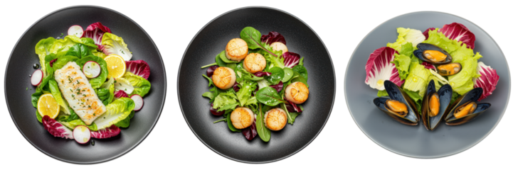 Trio of Seafood Salads Grilled Cod, Seared Scallops, and Mussels.