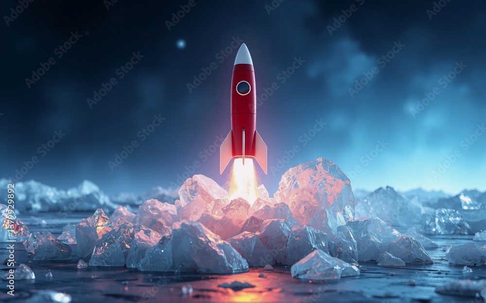 Poster a rocket blazes from an icy landscape towards the cosmos, a symbol of ambition against a backdrop of