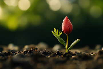 Red tulip bud emerging from soil with dew drops at sunrise.