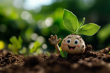 Cute cartoon seedling character with happy face and green leaves growing in soil.