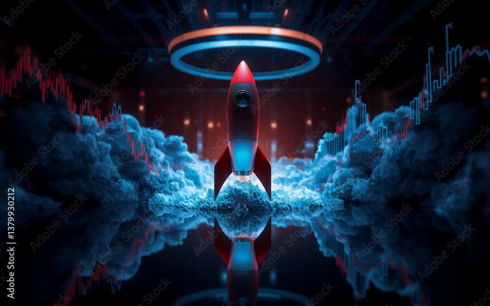 Aufkleber a rocket soars amidst vibrant colors, its reflection mirrored in the dark water, symbolizing growth 